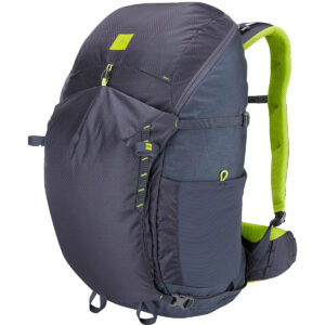 A Black backpack with green accents.