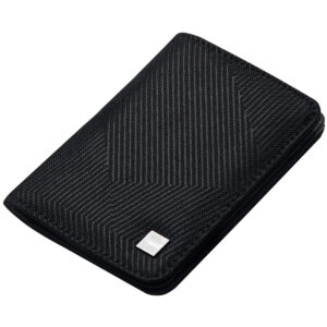 A black woven wallet.